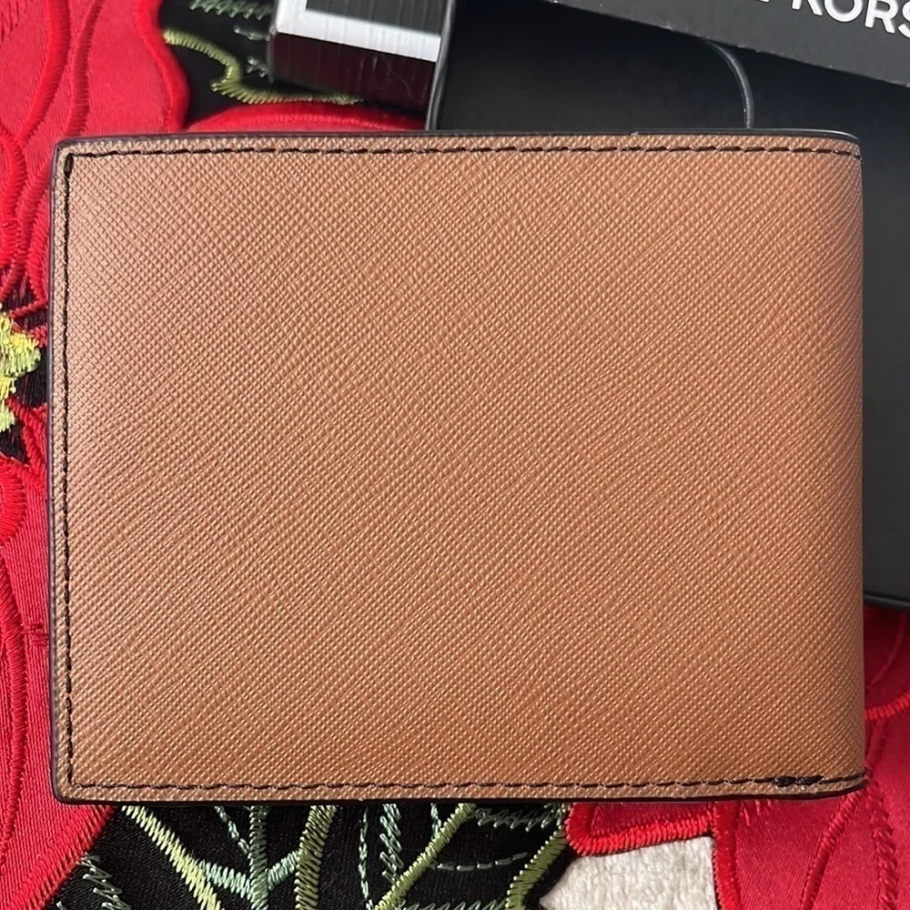 Brand New Michael Kors Genuine Leather Luggage Slim Billfold Wallet Metal Logo